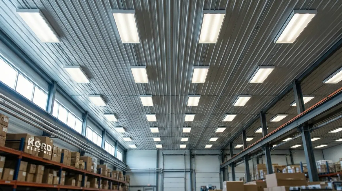 Commercial recessed lighting installed in a modern facility ceiling