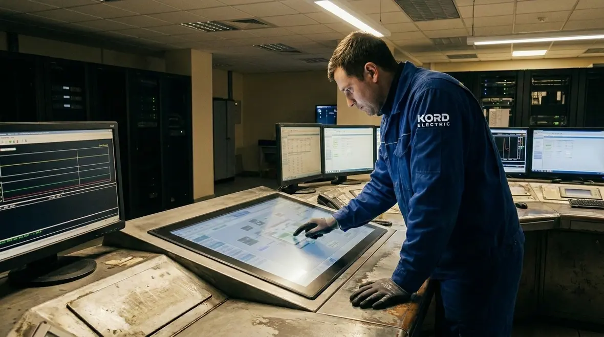 Technician reviewing smart building power management dashboards