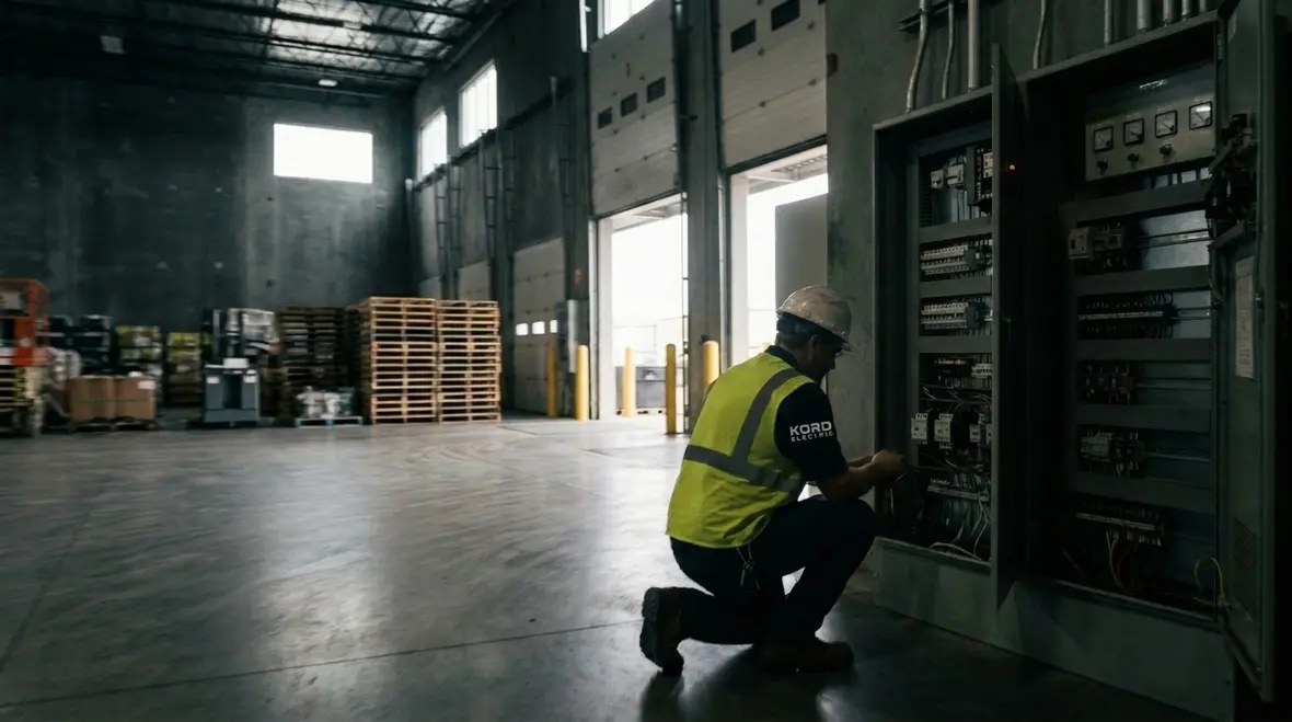Technician performing a commercial energy efficiency audit in an electrical room