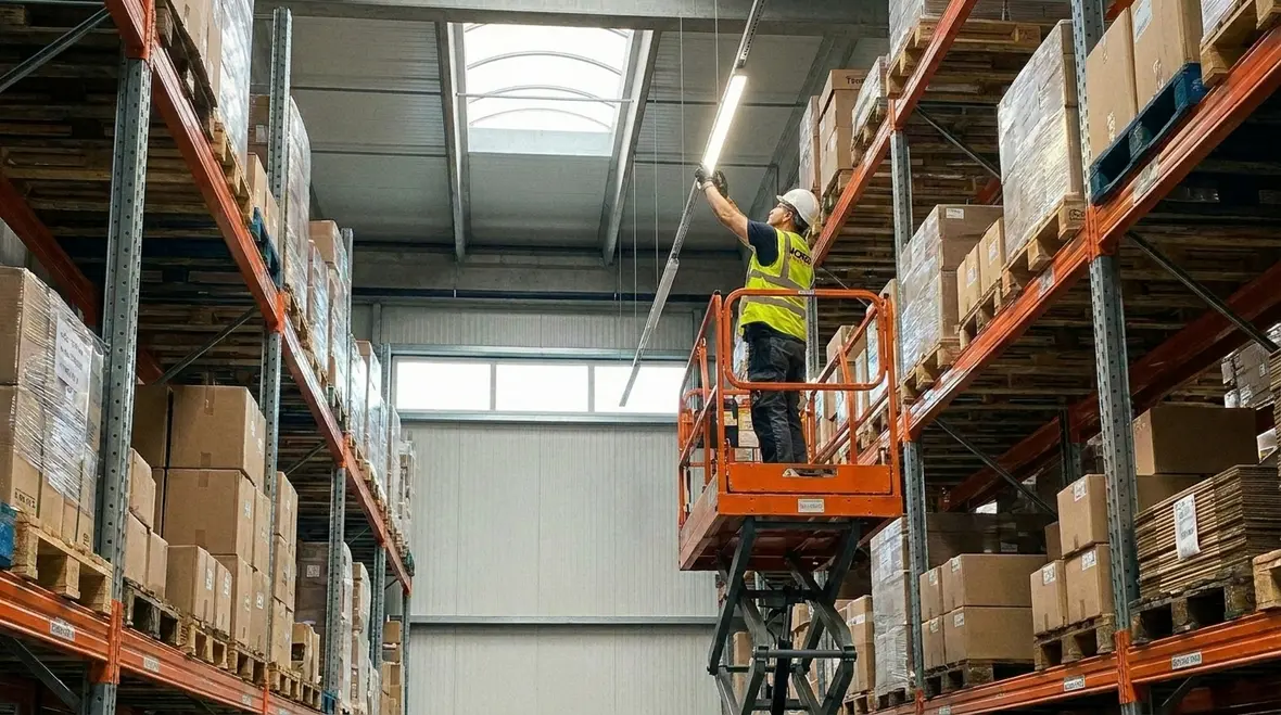 Warehouse LED retrofit lighting over storage racks