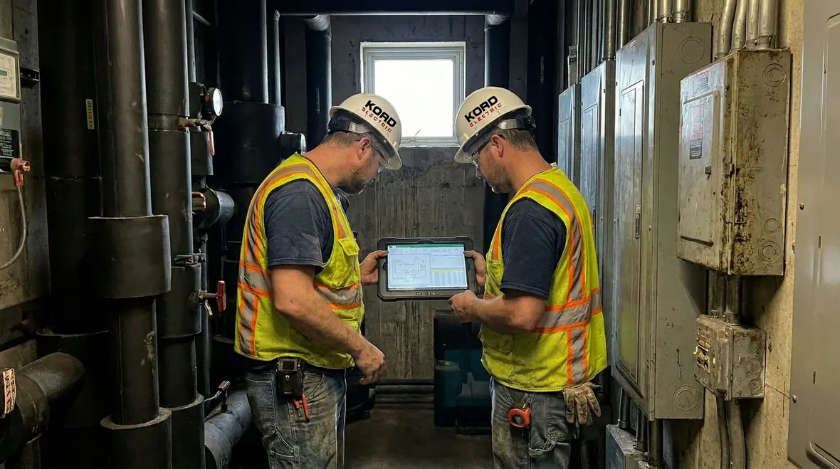 Technicians reviewing electrical maintenance plans for a tall commercial building