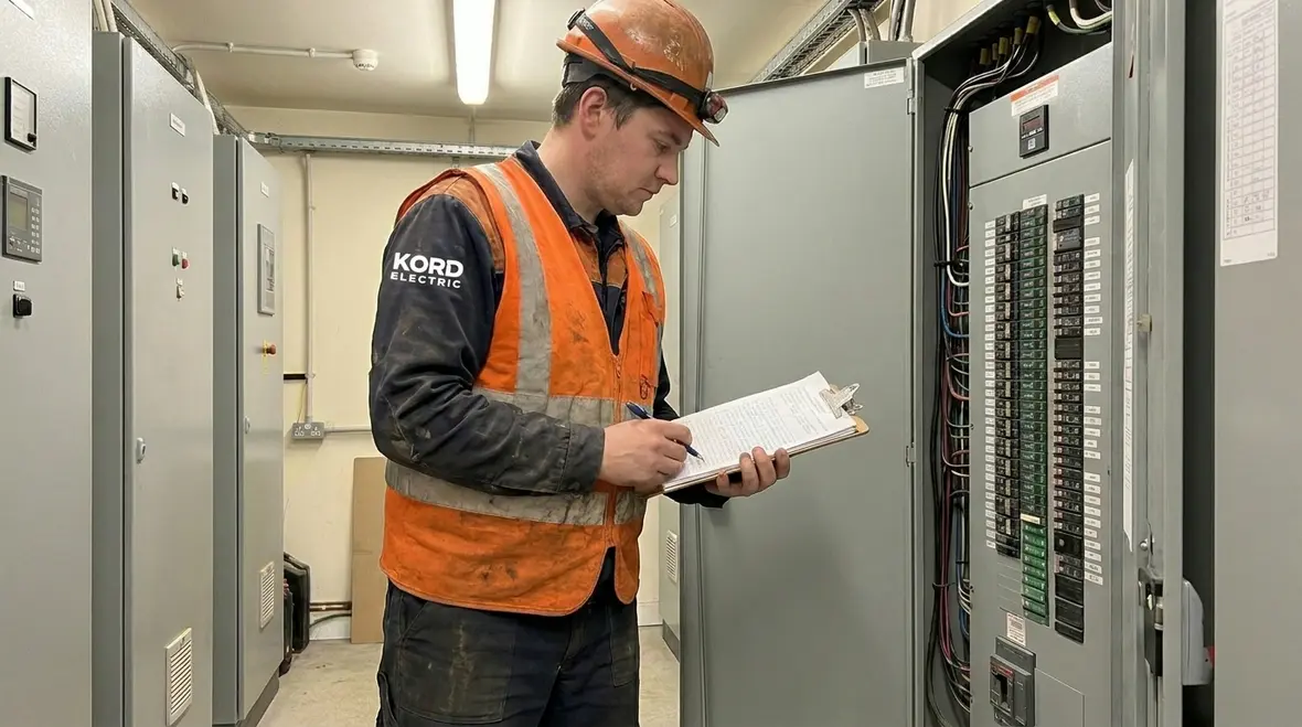 Electricians inspecting commercial service equipment, feeders, and branch circuit panels
