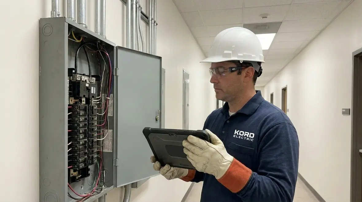 Technician performing 2014 NEC compliance inspection in a commercial electrical room