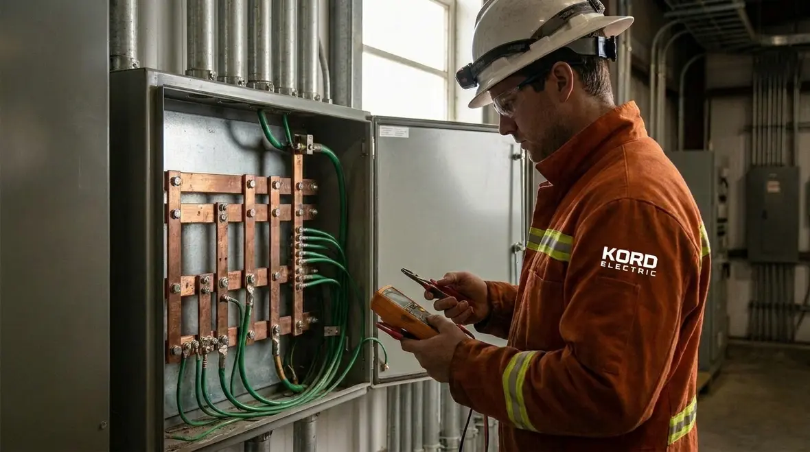 Technician inspecting commercial grounding and bonding connections in an electrical room