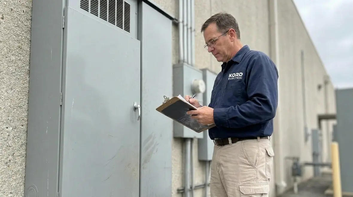 Electrician reviewing the 2017 National Electrical Code updates for a commercial building