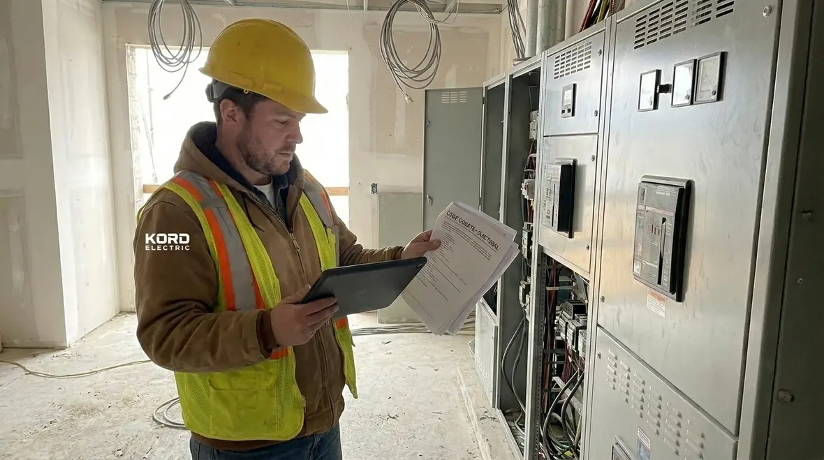 Electrician reviewing 2023 NEC updates for a commercial building project