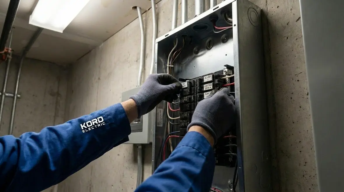 Electricians reviewing 2023 NEC updates for a commercial building