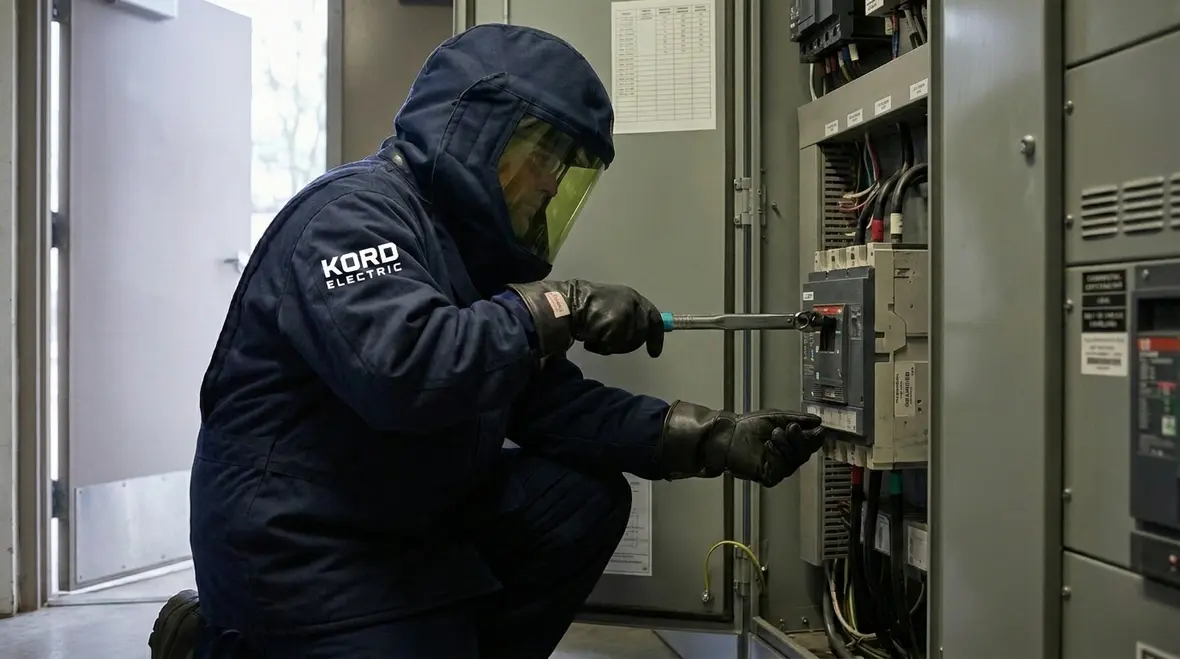 Arc flash labeling and protective device coordination in a commercial electrical room