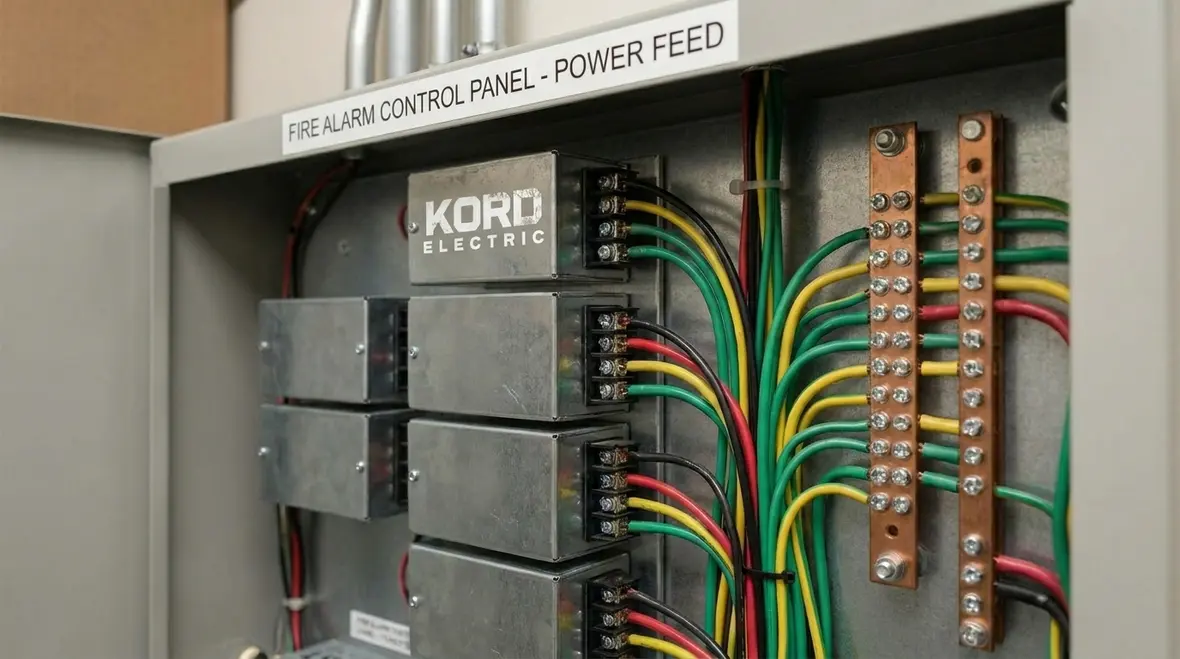 Grounded fire alarm control panel and protected power circuits in a commercial building