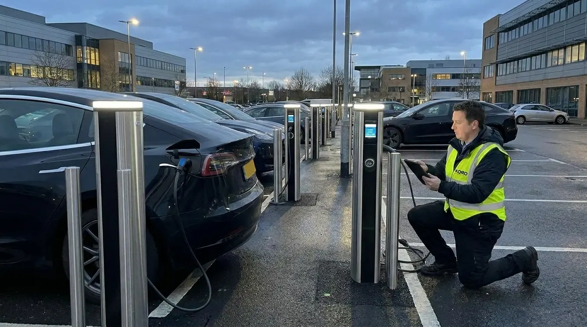 Commercial EV chargers installed in a business parking lot to improve ROI