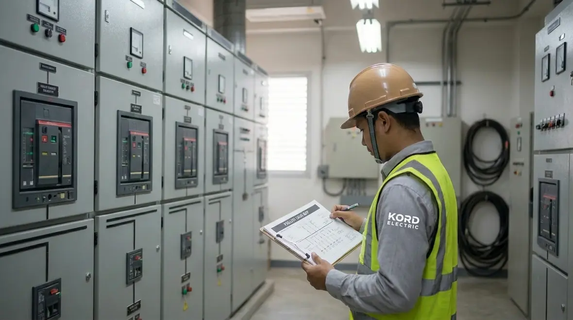 Technician reviewing commercial electrical load management map in a facility