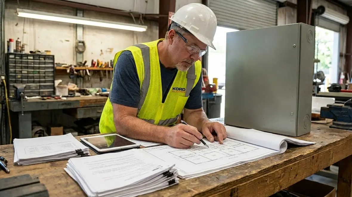 Commercial electrician performing commercial electrical panel maintenance in a large facility