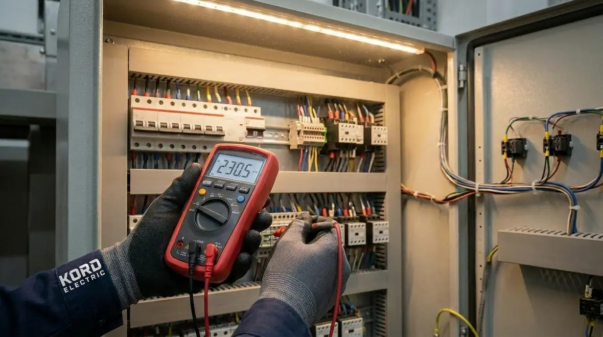 Technician inspecting the interior of a commercial electrical panel during maintenance