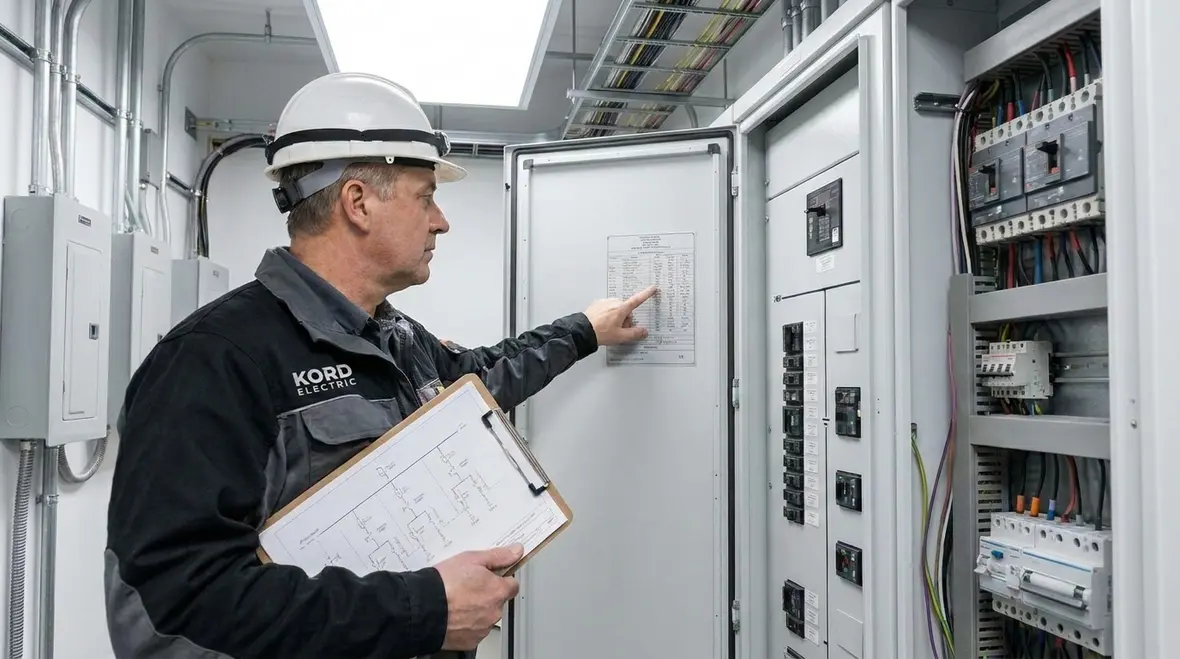 Technician reviewing commercial electrical distribution diagrams for reliability