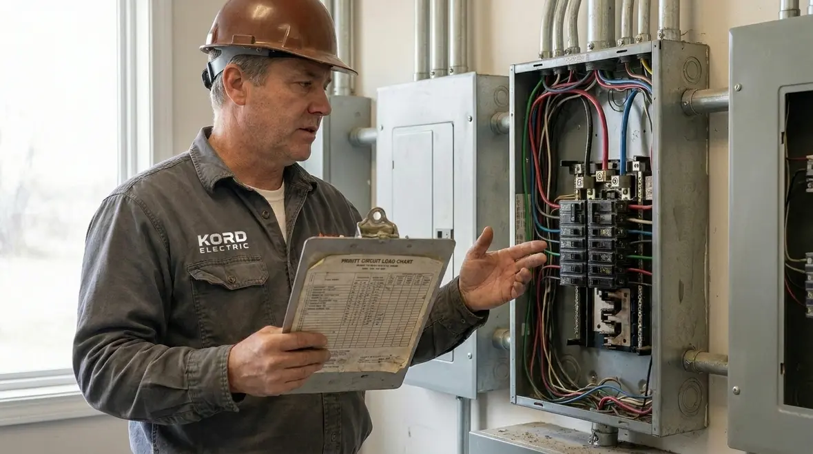 Technician reviewing commercial electrical subpanel load management layout