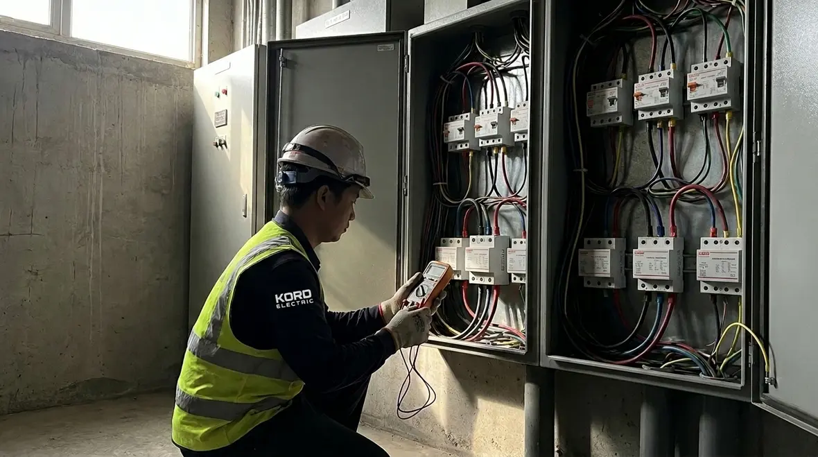 Technician verifying grounding and bonding for surge protection