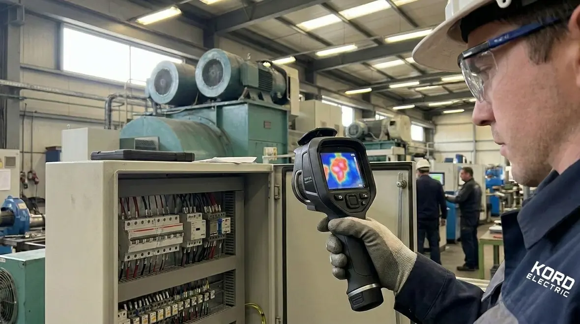 Commercial electrical technician troubleshooting manufacturing equipment