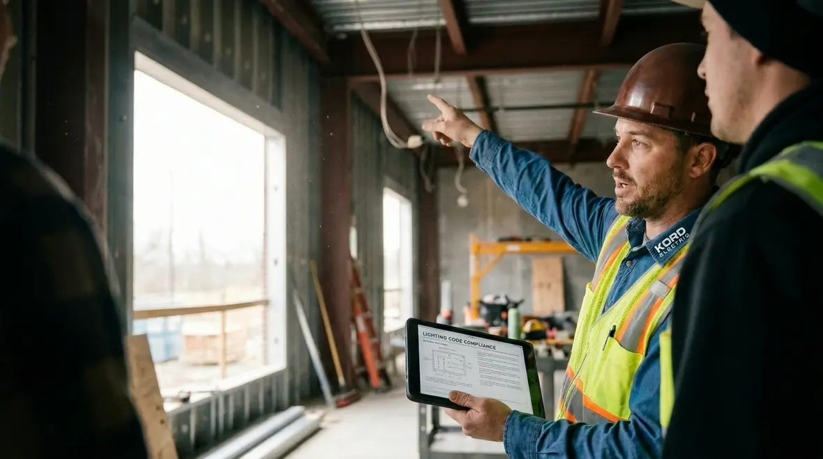 Technicians reviewing commercial lighting standards and building codes