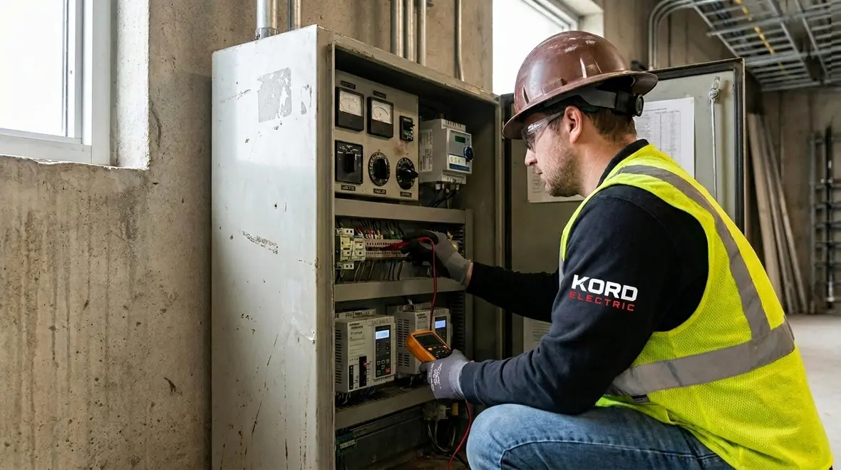 Technician inspecting commercial lighting control panel wiring and sensors