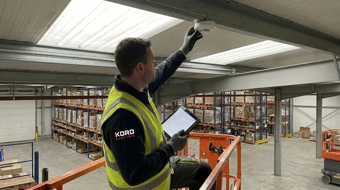 Technician adjusting commercial dimming controls and sensor calibration