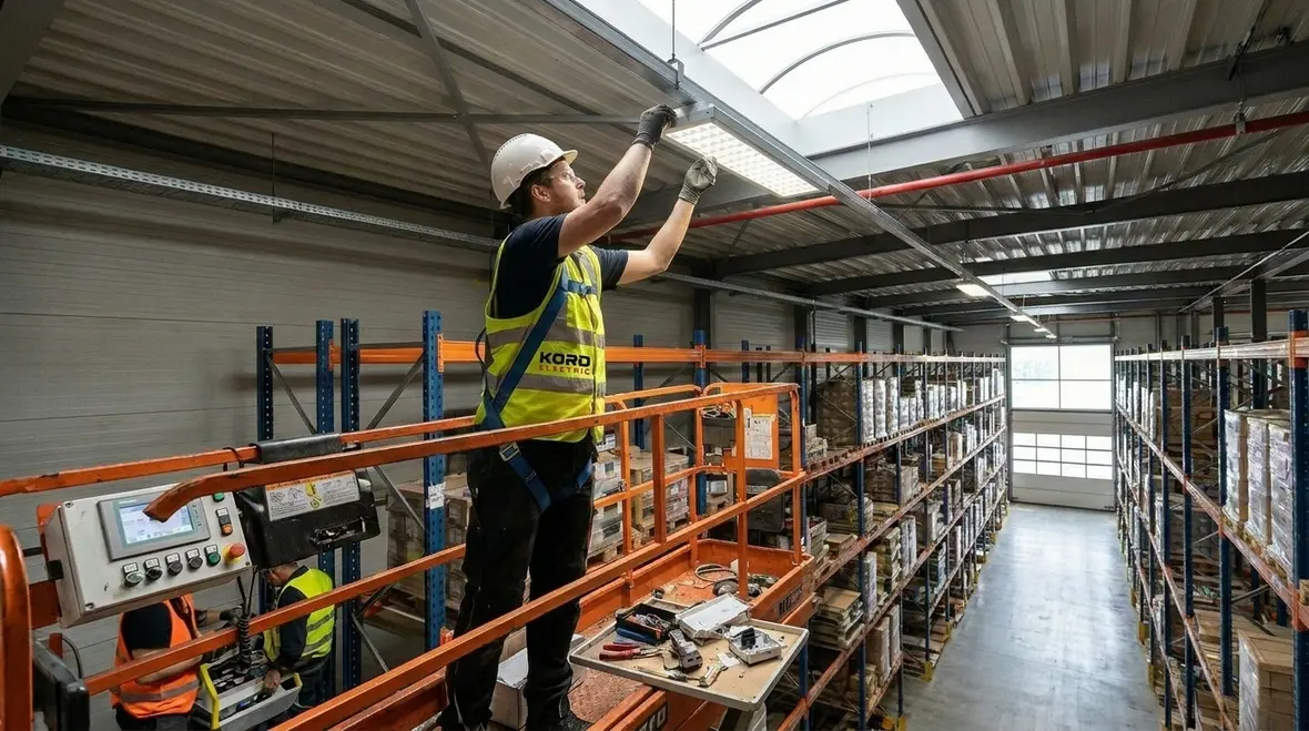 Technicians reviewing commercial lighting retrofit ROI calculations in a large facility