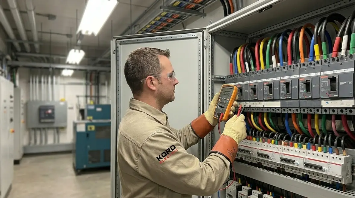 Technician performing first-pass inspection on a commercial electrical panel