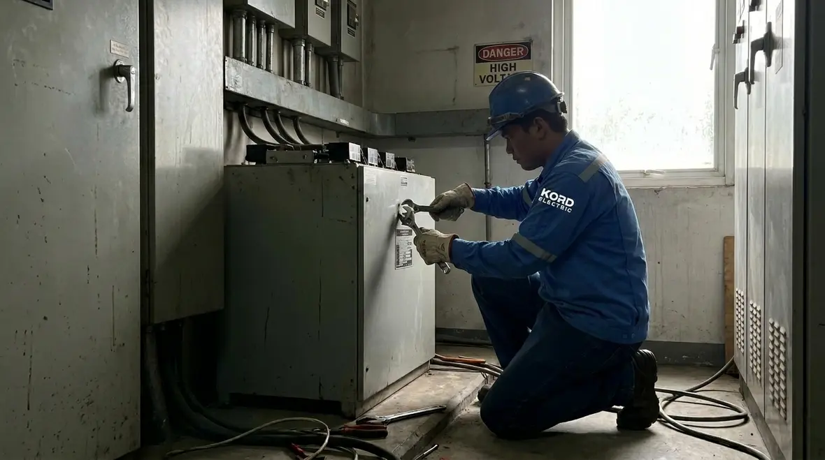 Technician reviewing commercial power factor correction benefits in an electrical room
