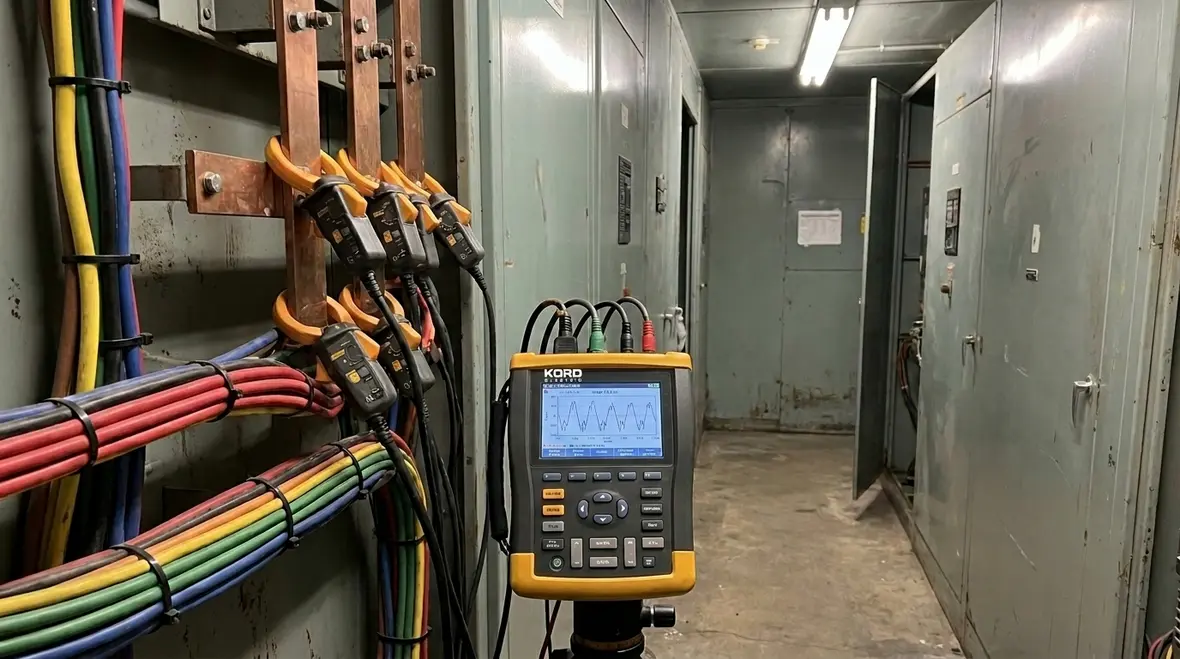 Engineer reviewing commercial power quality analysis data on site