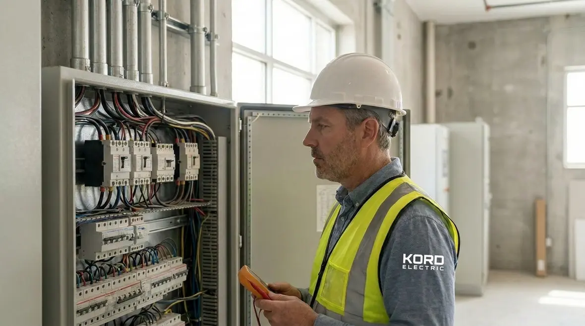 Commercial electrician performing preventative maintenance in an electrical room