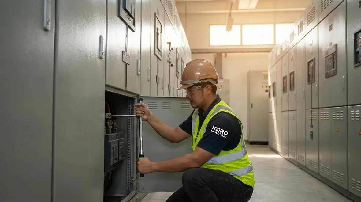 Technicians reviewing commercial electrical maintenance data and schedules