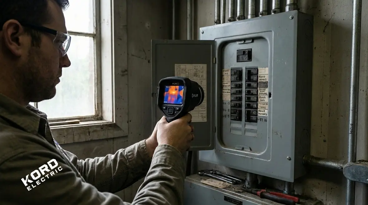 Technician reviewing commercial electrical panel to assess subpanel needs