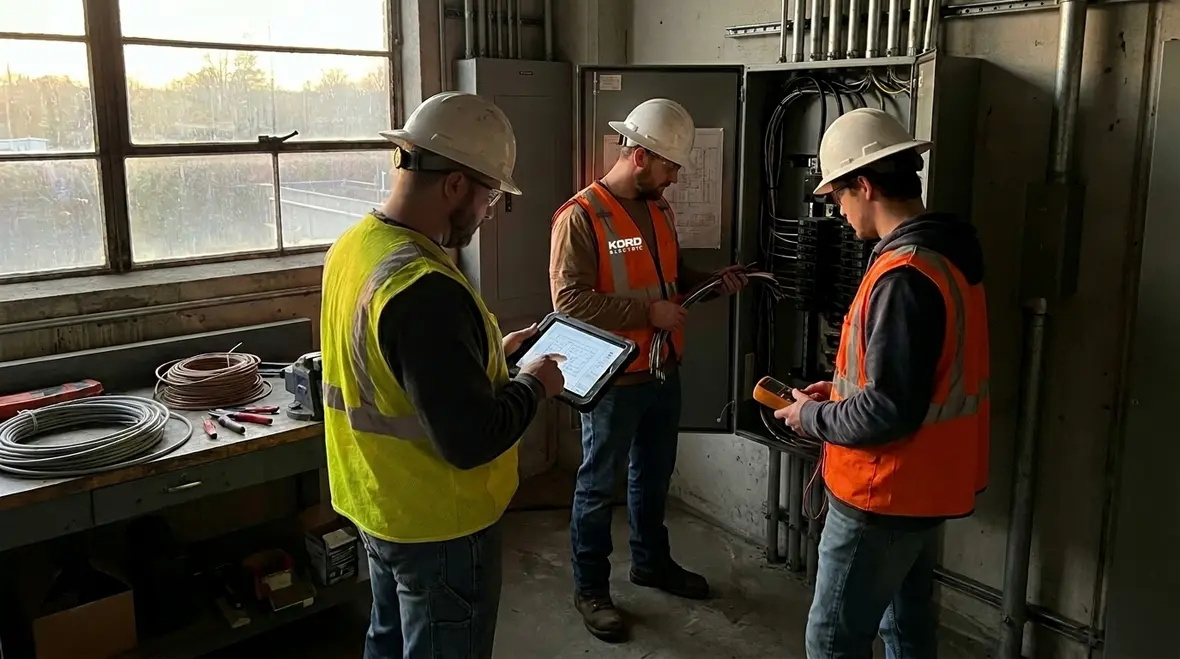 Technician performing commercial electrical troubleshooting process in a mechanical room