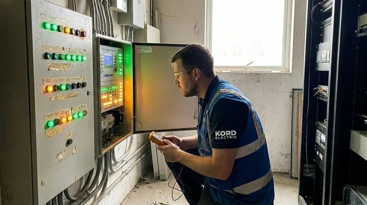 Technician configuring commercial smart lighting energy controls in a large building
