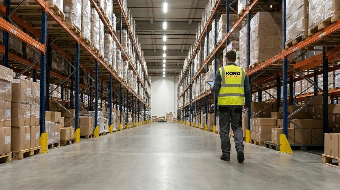 Overhead view of warehouse aisles with optimized lighting layout