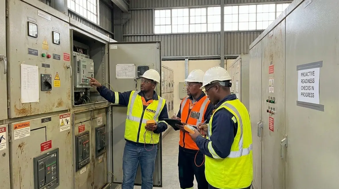 Technicians reviewing a critical infrastructure emergency electrical response plan in a commercial facility