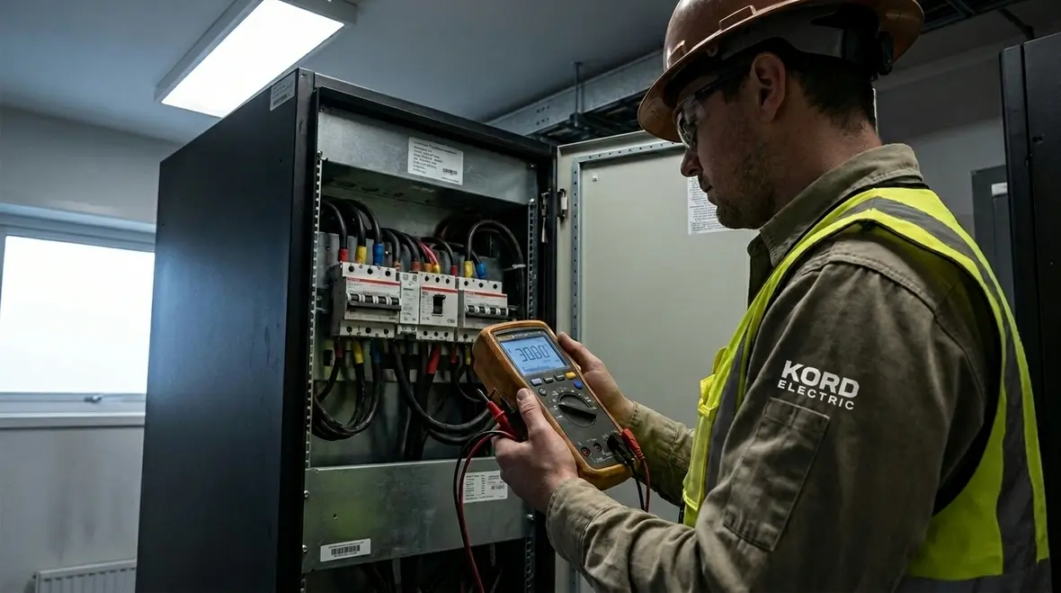 Technician performing data center power quality analysis for uptime
