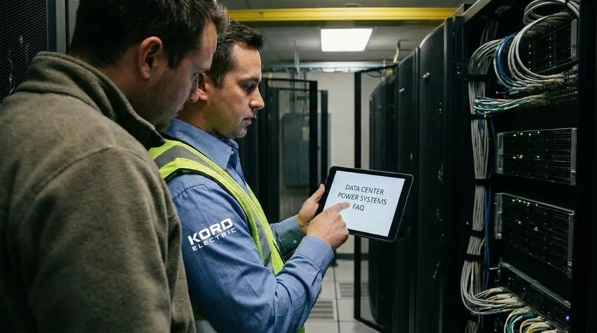 Engineer verifying transfer logic and breaker coordination in a data center electrical room