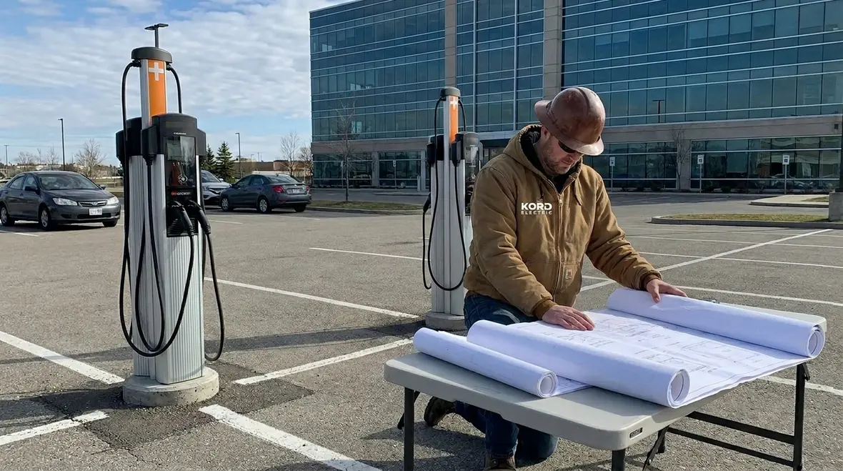 Commercial EV chargers installed at a modern facility parking area
