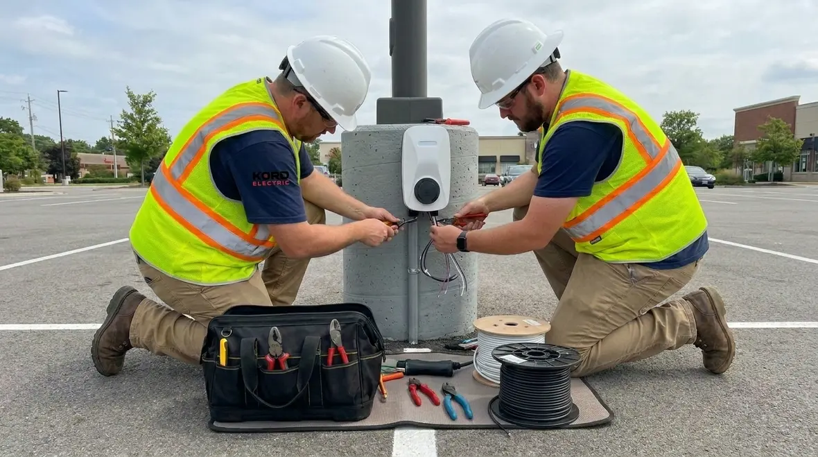 Electrician commissioning commercial EV charging stations