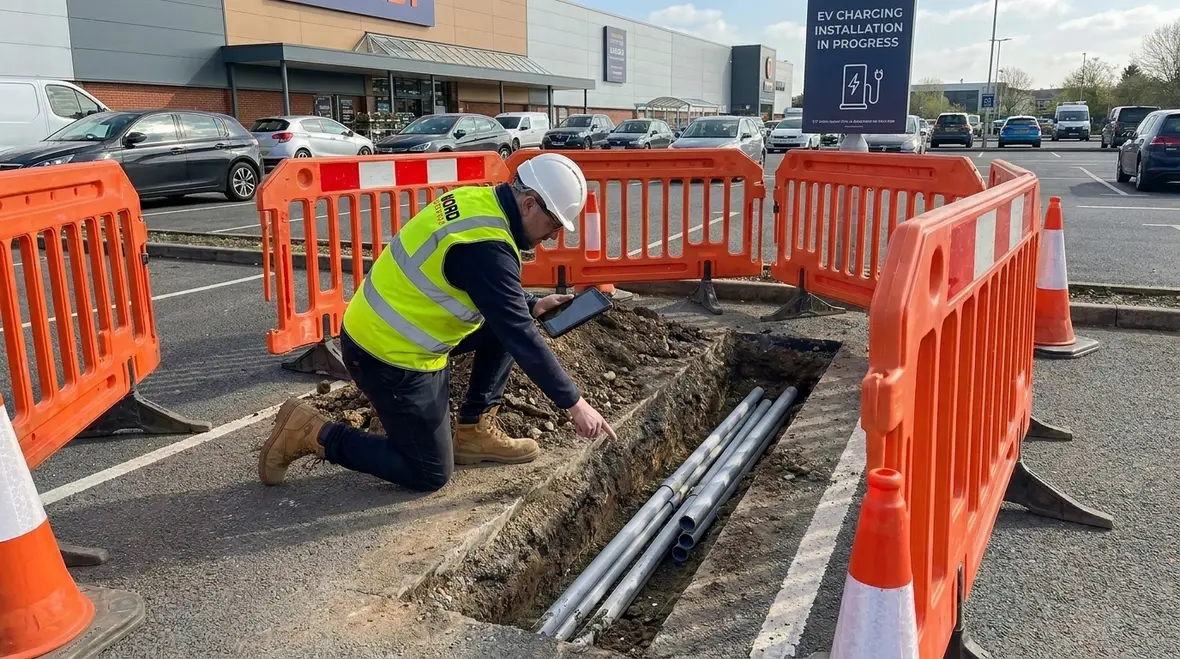 Parking lot trenching and conduit work for EV charger project