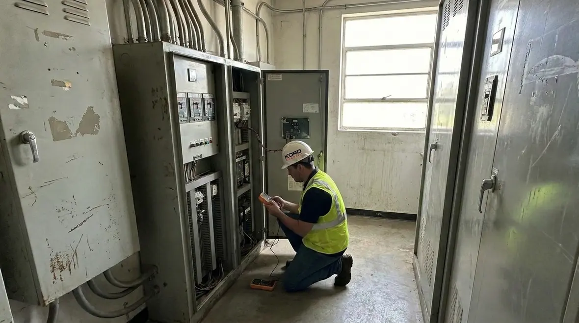 Technicians configuring dynamic load management for EV charging stations