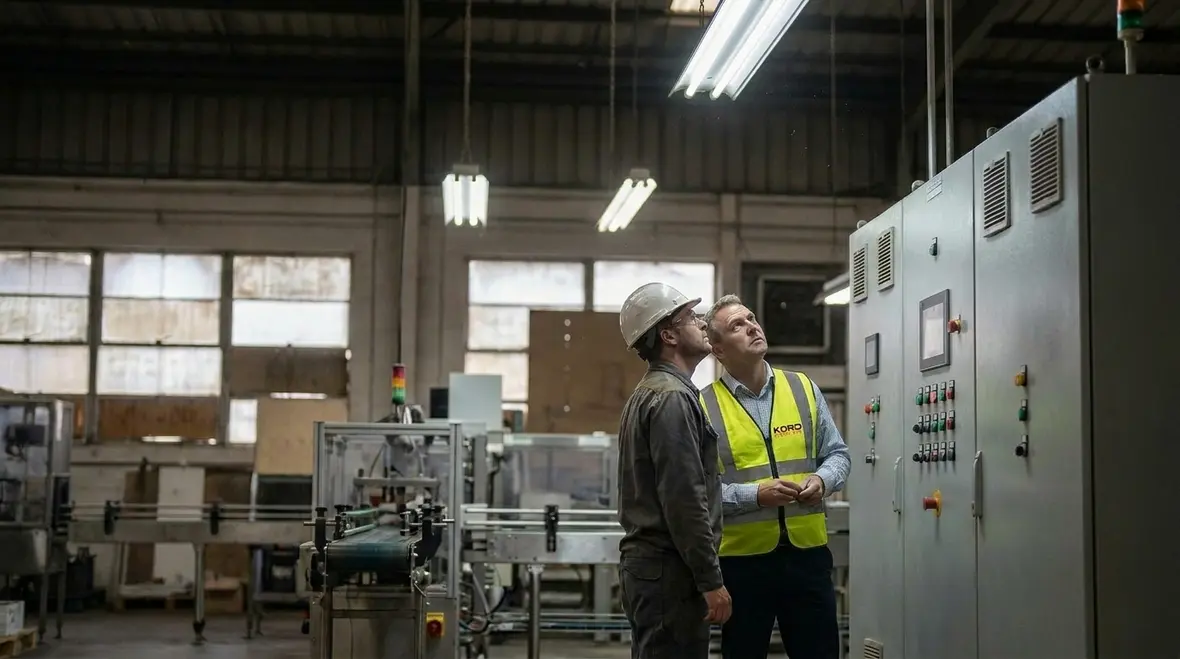 Technician reviewing electrical infrastructure upgrades in a commercial electrical room