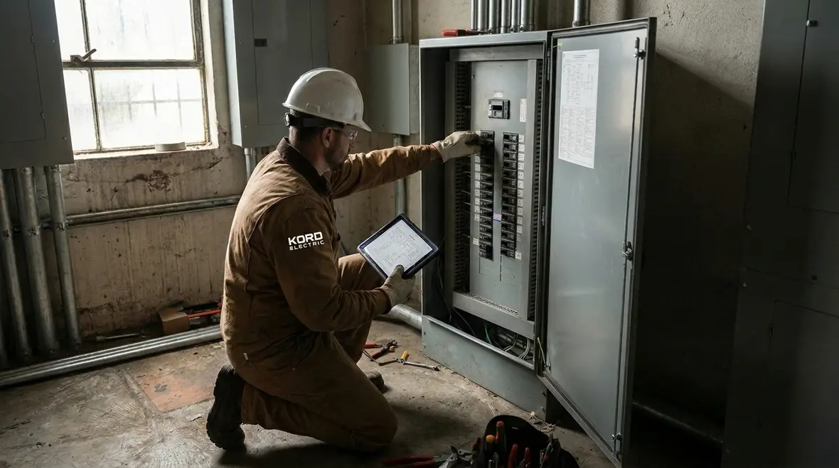 Technician checking a commercial electrical panel for load balancing and hot spots