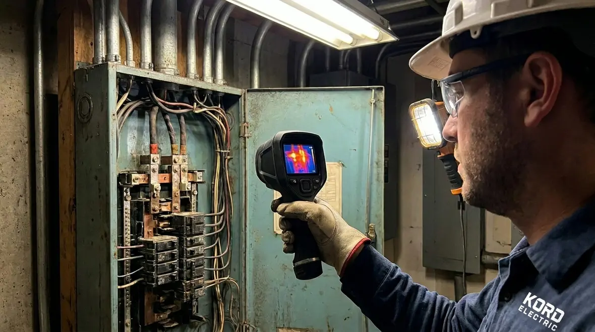 Heat buildup and imbalance indicators inside a commercial electrical panel