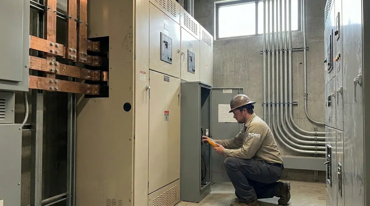 Technician reviewing an Electrical Preventive Maintenance Schedule in a commercial electrical room