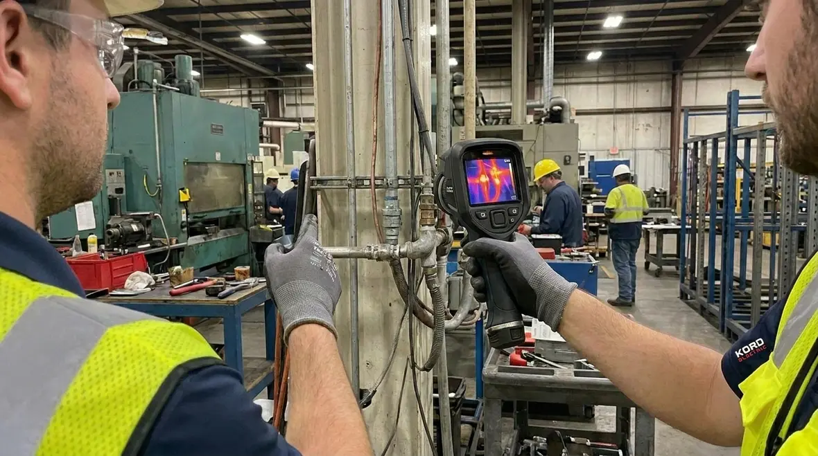 Technician inspecting commercial electrical panels during a safety audit