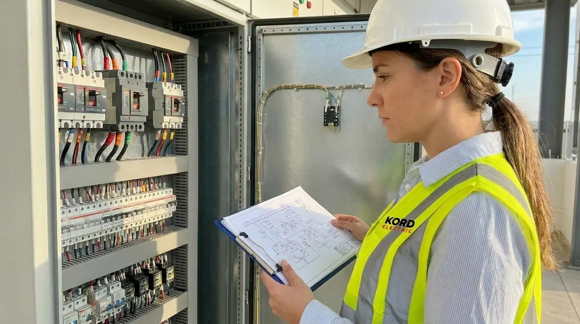Technicians reviewing an electrical system business continuity plan in a commercial facility