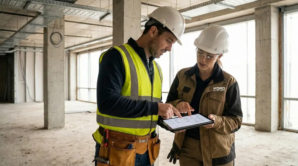 Engineers planning electrical system design build for commercial project