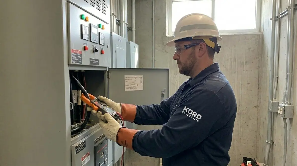 Technician reviewing electrical load balancing data for a commercial building