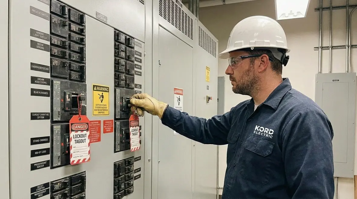 Technician performing an electrical load study on a commercial panel